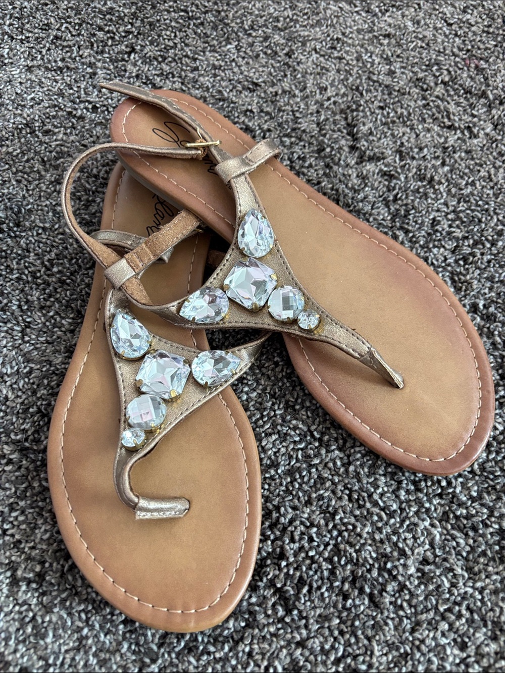 Solanz Women’s Gold Jeweled T-Strap Sandals